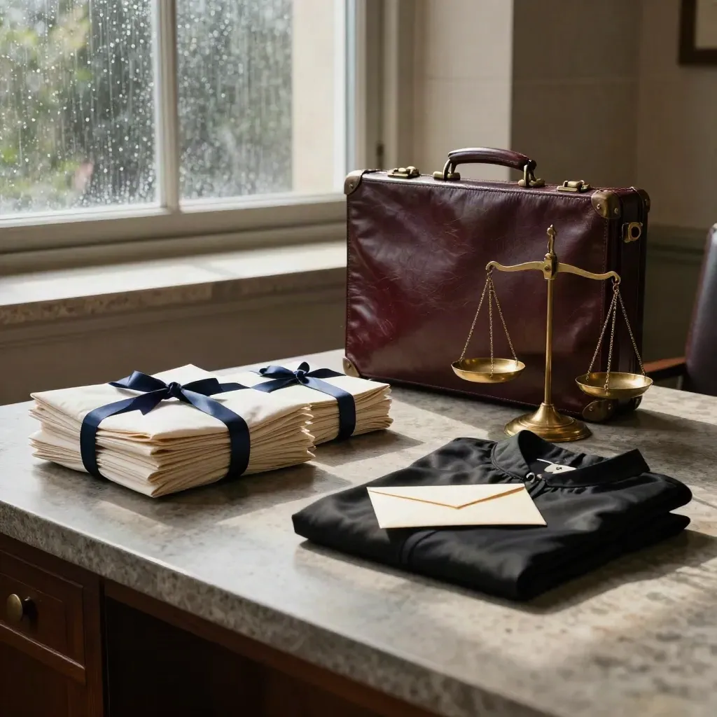 Legal briefcase, case bundles, scales, court gown and envelope on a rain-dim stone desk.