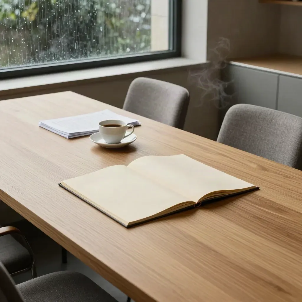 Rainy mediation room with an open file, cooling tea, and two empty chairs around a diagonal table.