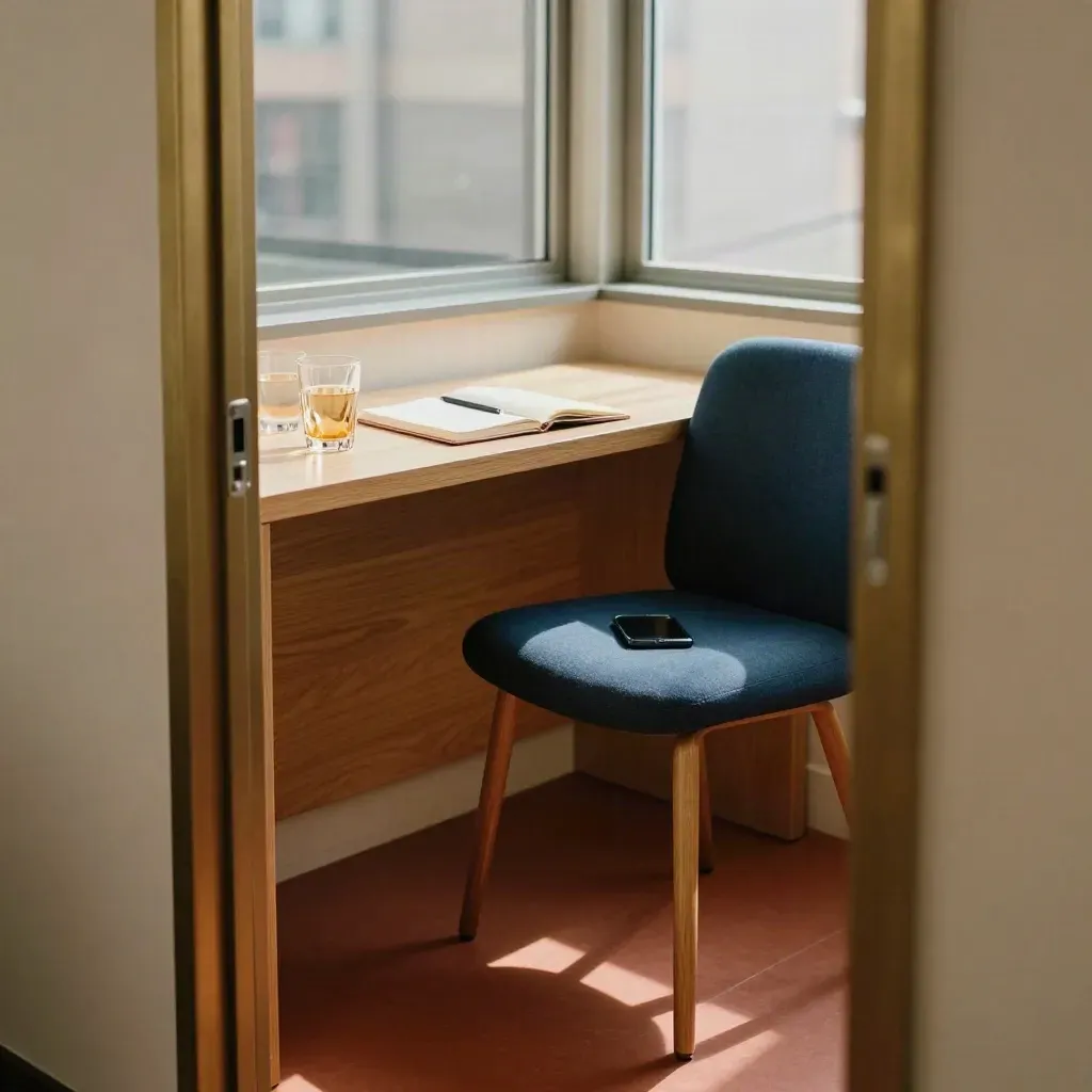 Quiet legal consultation nook with water glasses, notebook, phone and chair by a desk.