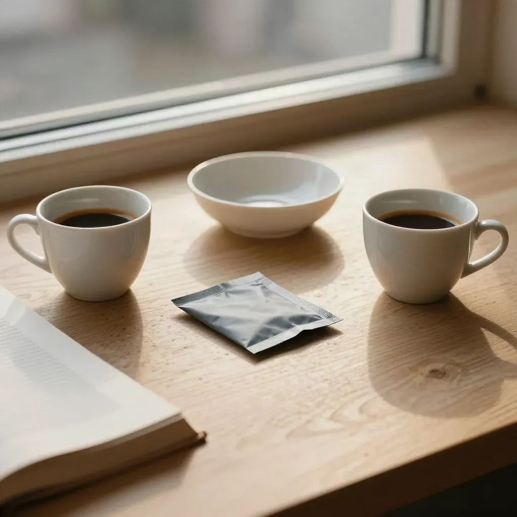 Settlement packet between two espresso cups on a window-side legal table in warm late-afternoon light