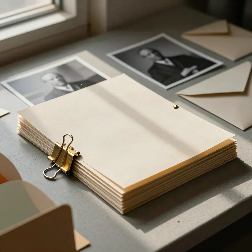 Sorted legal case folders, face-down photos, and brass clips on a khaki archive surface.