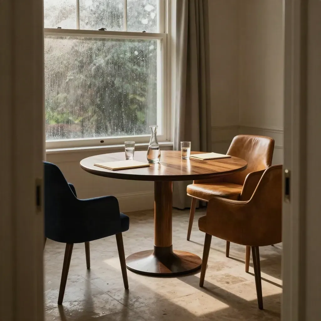 Empty conference room set for dispute resolution, with mismatched chairs, folder, glasses and carafe.
