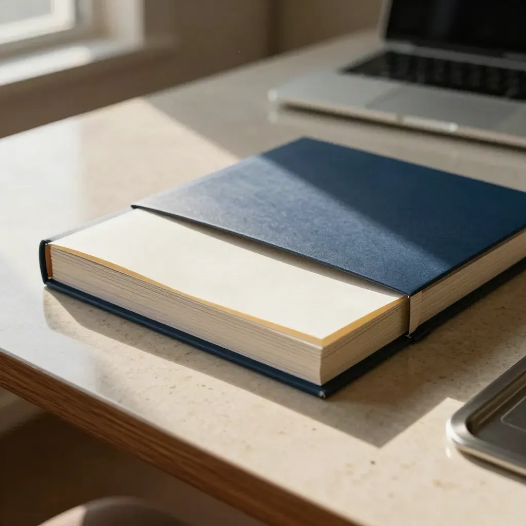 Opened case review bundle with tabs on a travertine boardroom table beside a blurred laptop.