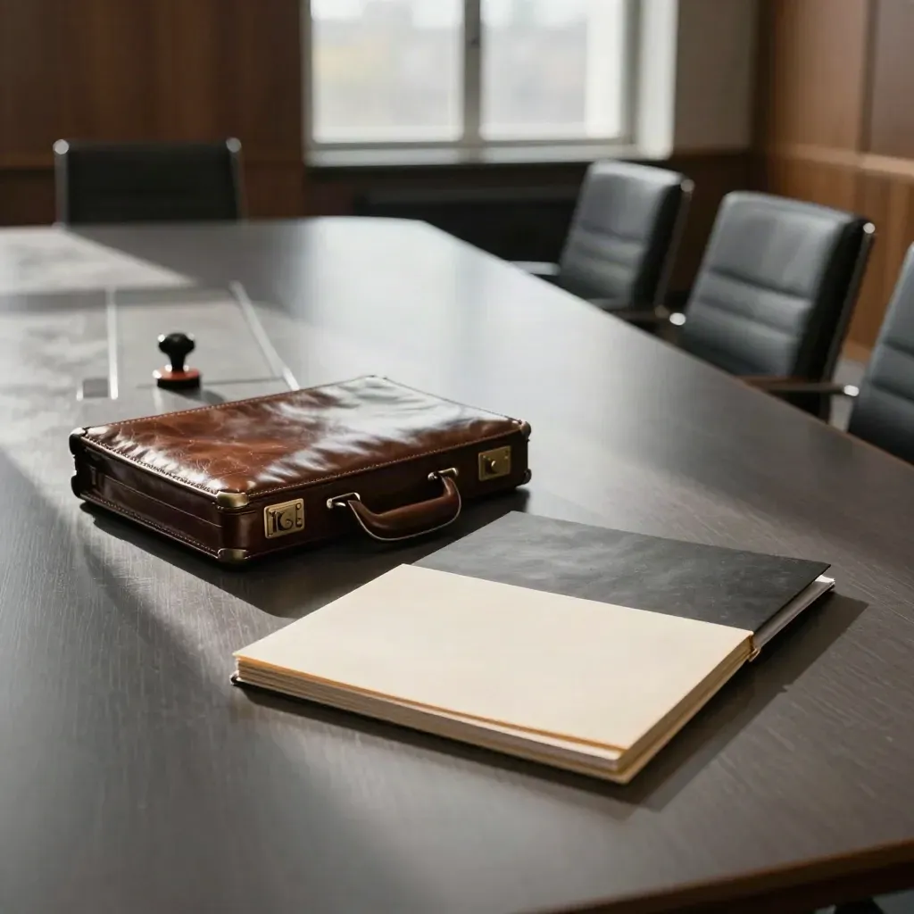 Moody boardroom table with briefcase, seal embosser, and folders in window light