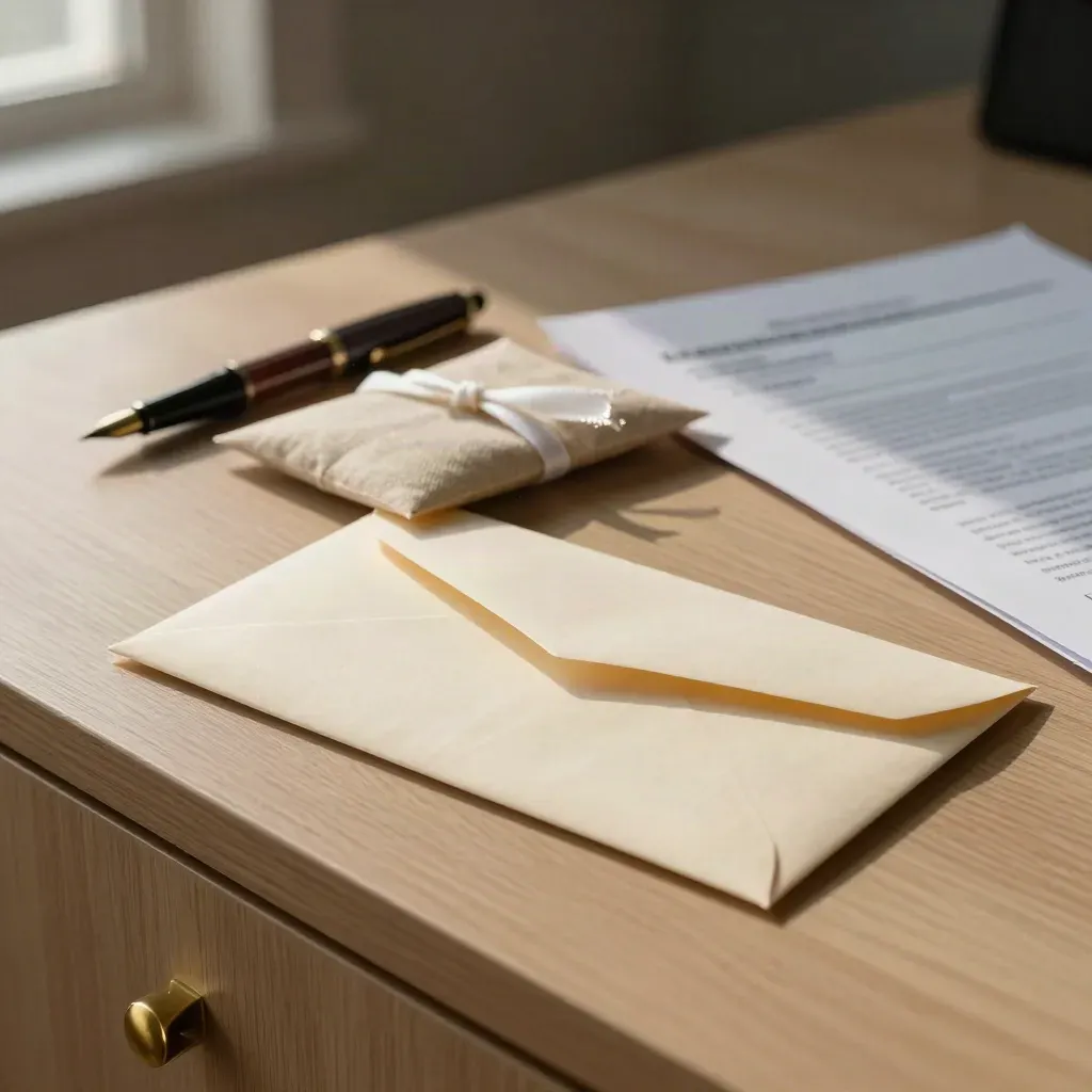 Cream envelope, fountain pen and ribboned legal packet on a warm oak sideboard.