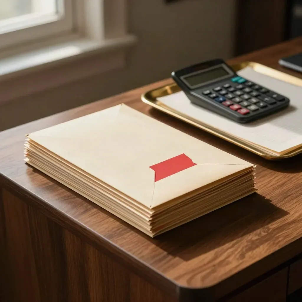 Overdue envelopes, a red file, and a turned calculator on a walnut legal desk in warm window light.