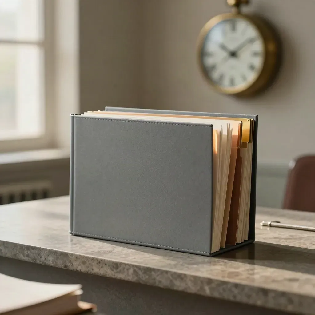 Closed court bundle with four tabs beside a blurred brass wall clock in soft morning light.