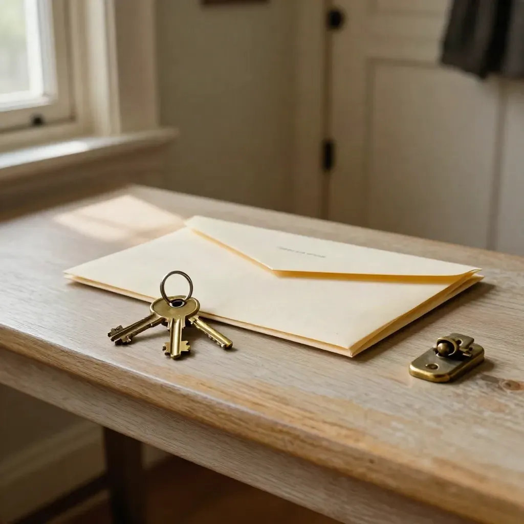 Brass keys, lease folder and notice envelope on a hallway bench in soft window light.