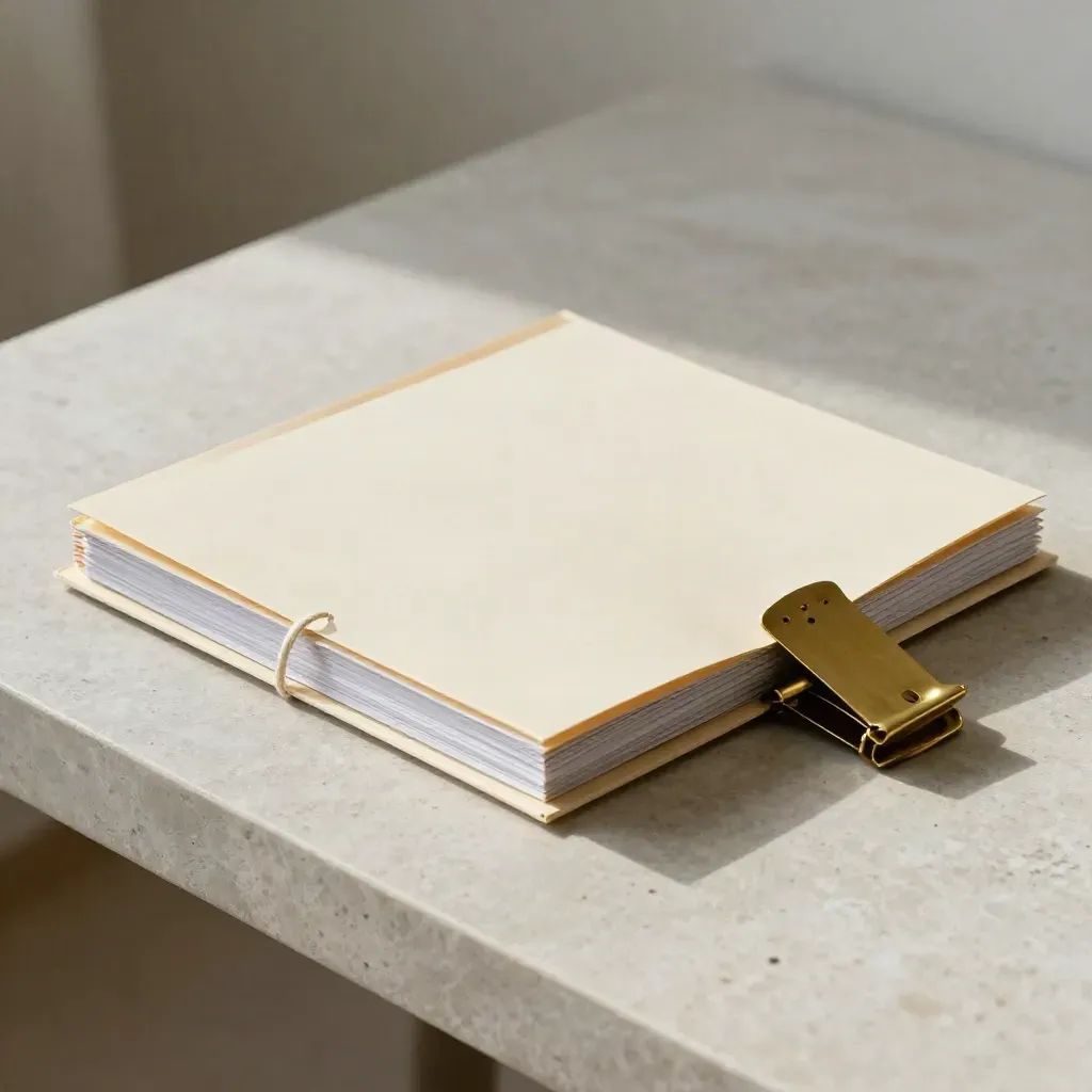 Tabbed folder, tied document bundle and brass clip on a pale stone desk